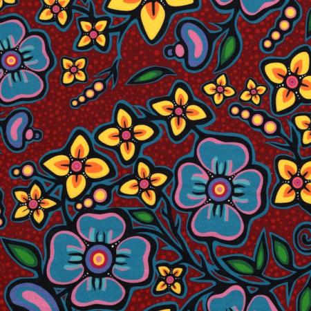 Cotton (Woven) - 1/4 Meter - Ojibway Florals by Jackie Traverse - Burgundy