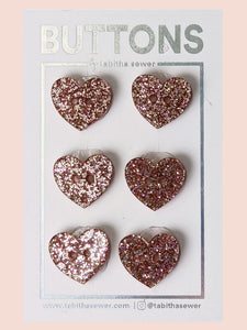 Rose Gold Sparkle Heart Buttons - Small -  6 pack