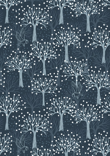 The Secret Winter Garden FLANNEL - Lewis & Irene - 1/4 Meter - Owl Orchard on Dark Blue