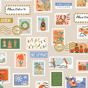 Holiday Classics CANVAS - Rifle Paper Co. - 1/4 Meter - Holiday Stamps - Cream (Metallic)