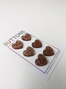 Rose Gold Sparkle Heart Buttons - Small -  6 pack