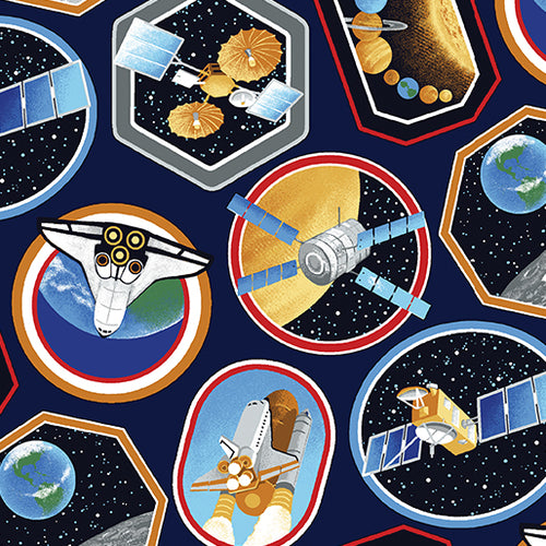 Space Race - Benartex - by the 1/4 Metre - Space Decals - Dark Blue